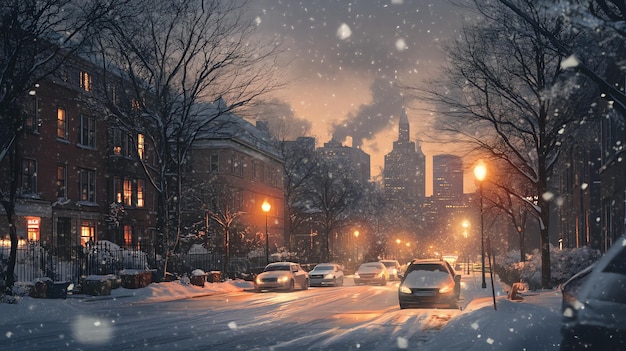 Photo a snowy city street at dusk with cars driving past buildings the streetlights cast a warm