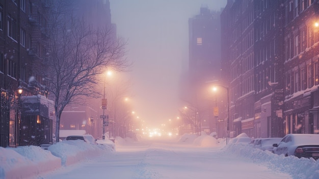 Photo a snowy city street shrouded in fog with streetlights illuminating the scene