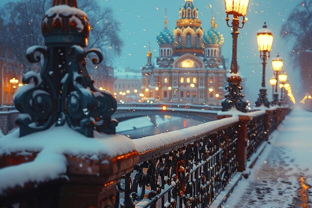 Photo a snowy city street with a bridge and a cathedral in the background