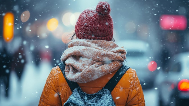 Photo snowy cityscape with person in winter clothing