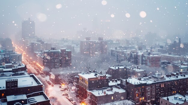 Photo snowy cityscape with street lights