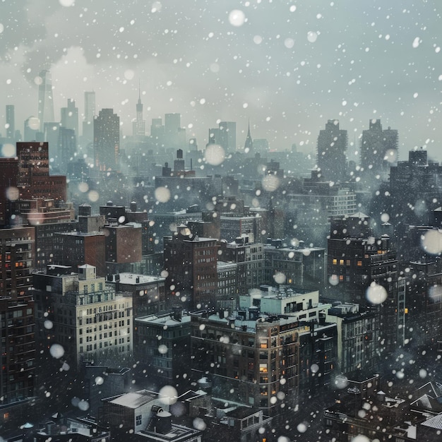 Photo a snowy cityscape with tall buildings and a few people walking around