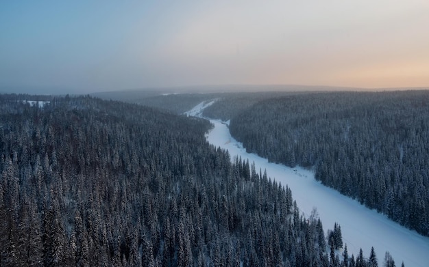 snowy coniferous forest and snow river under morning frosty fog