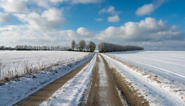 Snowy country road Winter landscape Beautiful sunny and snowy day