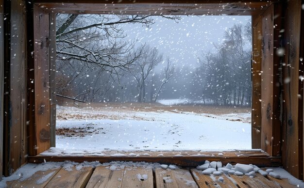 Photo a snowy day with raindrops seen through a window onto the porch outside