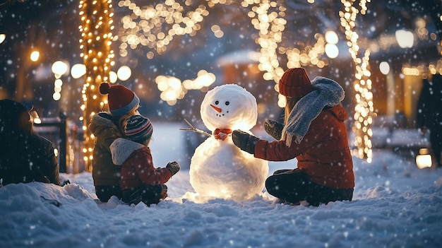 Photo a snowy evening scene with a family building a snowman together surrounded by holiday atmosphere