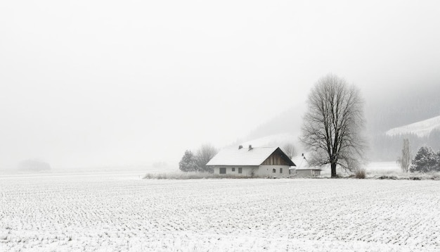 Photo snowy farmhouse in a foggy landscape