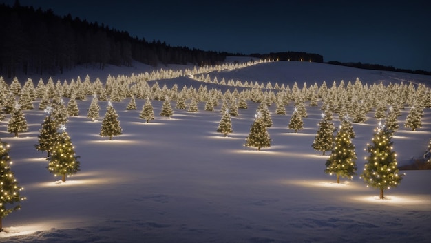 A snowy field of Christmas trees lit up by white lights with a forest and mountains in the backgro