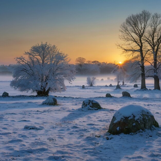 Photo a snowy field with a few trees and a sunset in the background