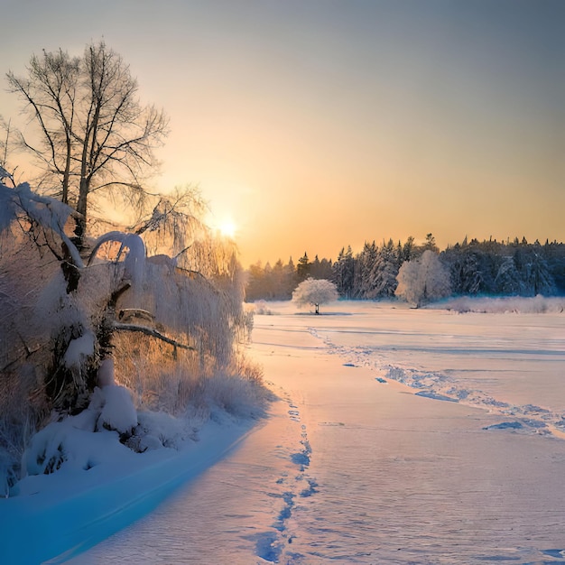 A snowy field with a tree and a sunset in the background