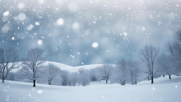 a snowy field with trees in the background and a snowflakes falling down