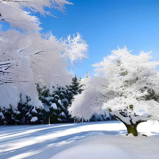 A snowy field with trees covered in snow and a blue sky