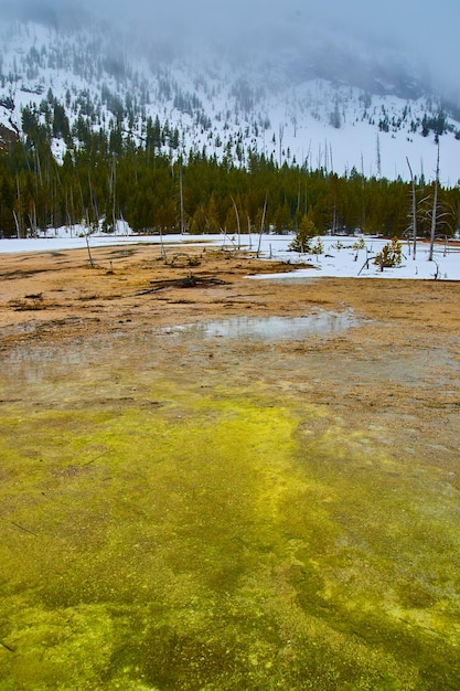 Snowy foggy mountains by dangerous Yellowstone pools of green