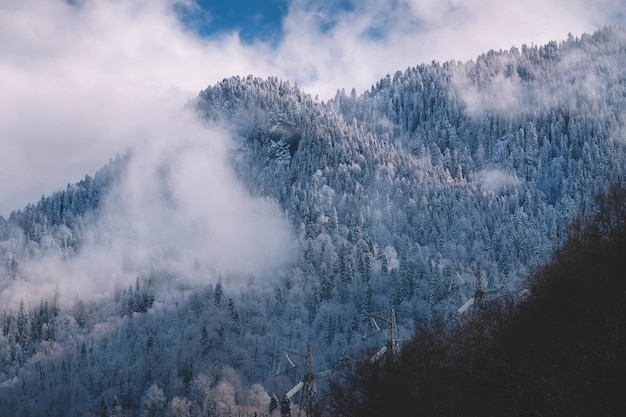 Snowy and foggy mountains