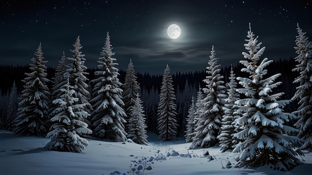 Photo snowy forest under full moon