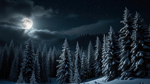 Photo snowy forest under full moon