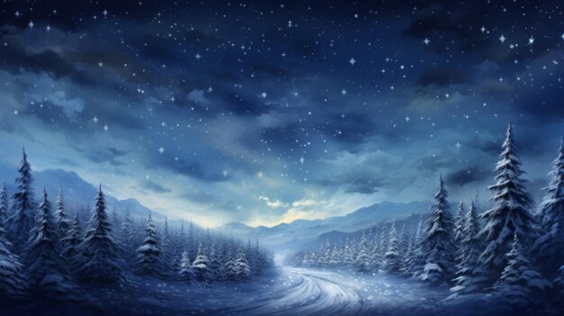 Photo snowy forest landscape under a starry night sky winter scenery with mountains and pine trees