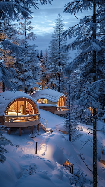 Snowy forest with cozy cabins lit up during twilight