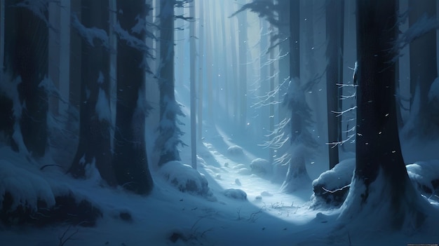 A snowy forest with a path in the snow