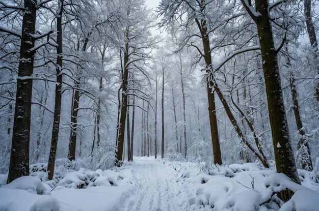 Photo a snowy forest with a path that has snow on it