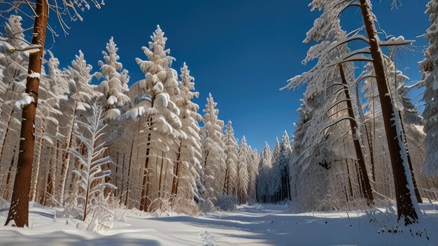 a snowy forest with a path through it and a path through it