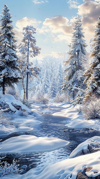 a snowy forest with a river running through it