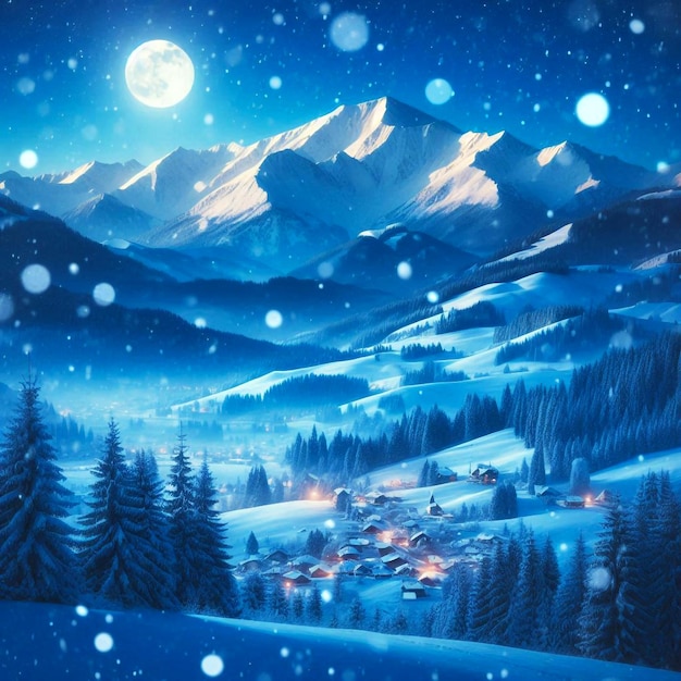 a snowy forest with snowflake in the blue background