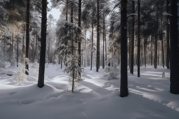 A snowy forest with a snowy landscape and trees in the background.