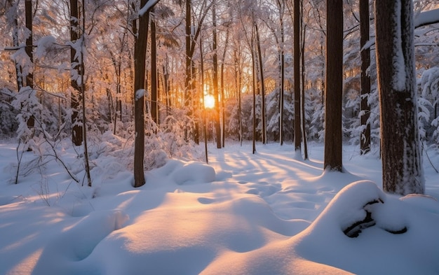 A snowy forest with a sun shining on the snow