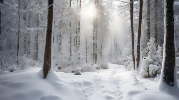 Photo a snowy forest with the sun shining through the trees