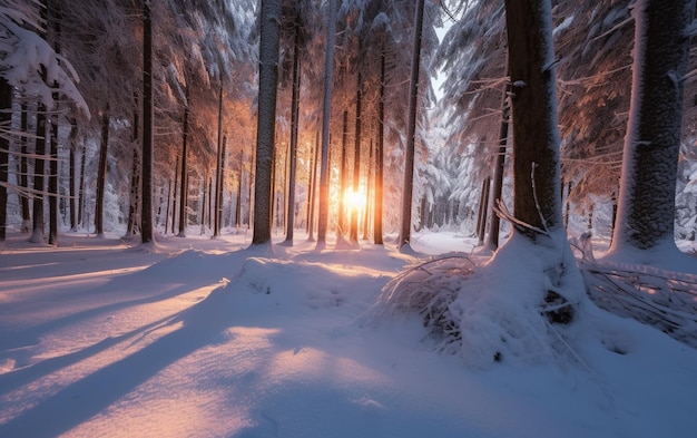 A snowy forest with the sun shining through the trees