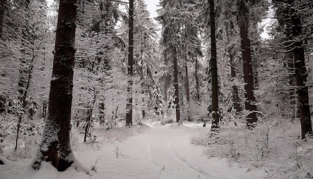 Photo a snowy forest with a trail and a snowy path