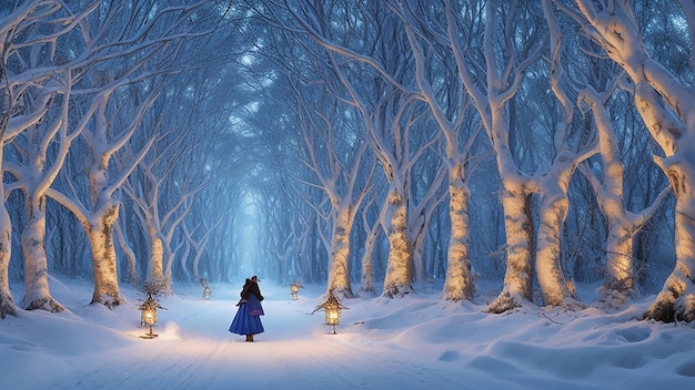 Photo a snowy forest with a woman walking in the snow