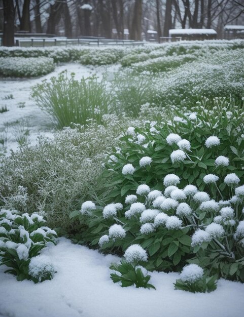 Photo snowy garden flowers with frost cold