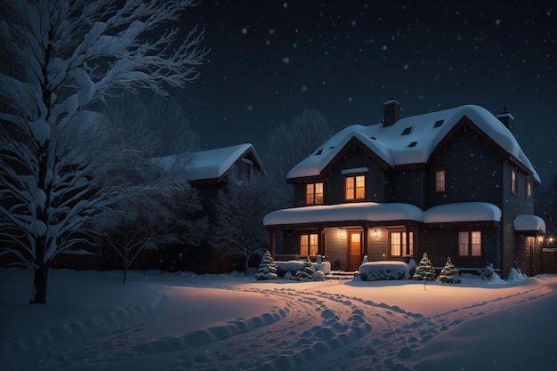 A snowy home with a snow covered roof and lights on the roof