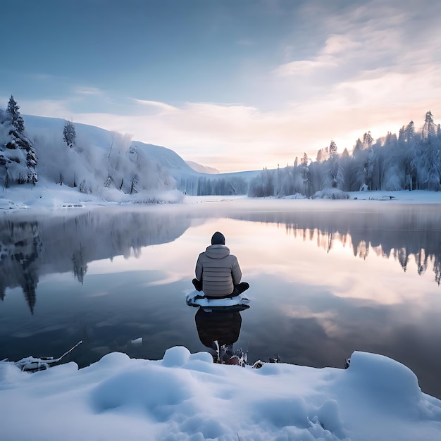 Photo snowy landscape meditation by a frozen lake