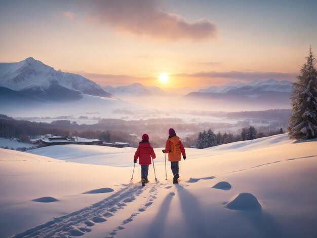 snowy landscape sunset reflections winter wonderland snowy evening twilight scenery frozen worl