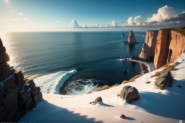 A snowy landscape with a blue ocean and a snowy cliff in the background.