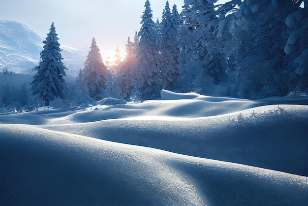 A snowy landscape with a blue sky and trees in the background