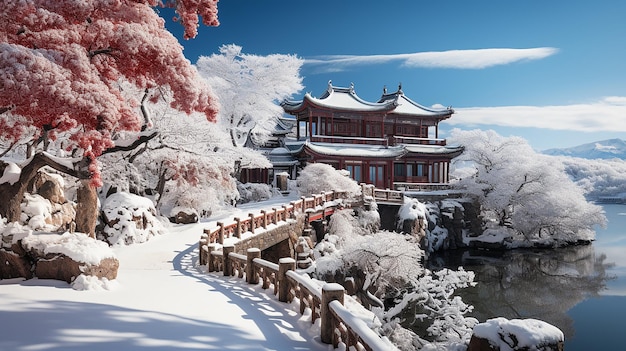 a snowy landscape with a bridge and a bridge with a bridge in the background