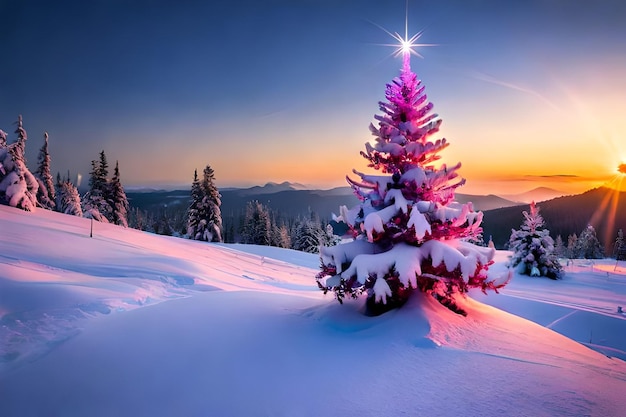 A snowy landscape with a christmas tree in the foreground and a snowy mountain in the background.