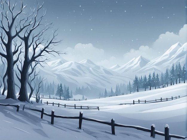 a snowy landscape with a fence and a fence with a snowy mountain in the background