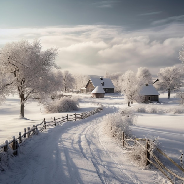 Snowy landscape with a fence and a house in the distance generative ai