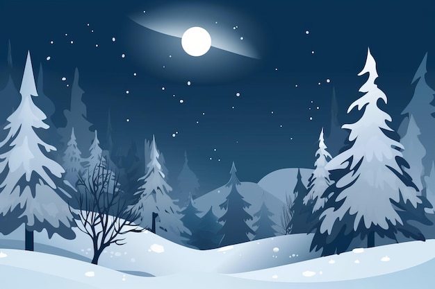 A snowy landscape with a full moon in the background