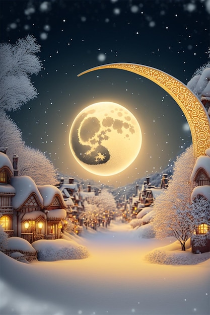 Snowy landscape with a full moon in the sky generative ai