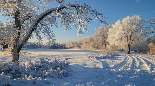 Snowy landscape with icecovered tree limbs at sunrise in winter