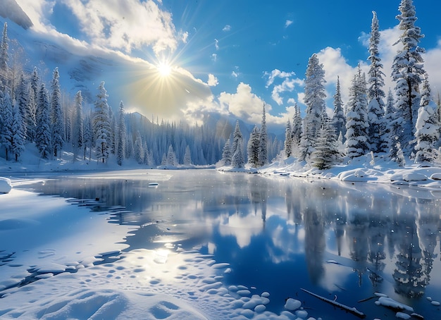 Photo a snowy landscape with a lake and trees in the background