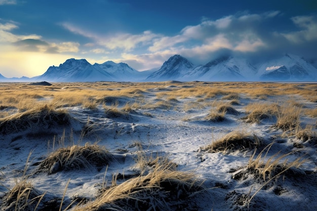 a snowy landscape with a mountain in the background