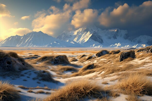 a snowy landscape with a mountain in the background