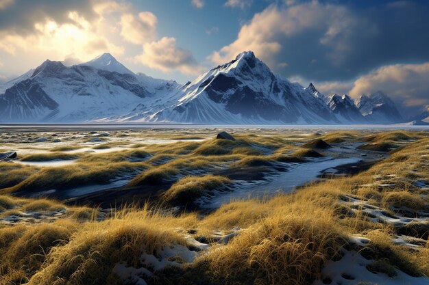 a snowy landscape with a mountain in the background